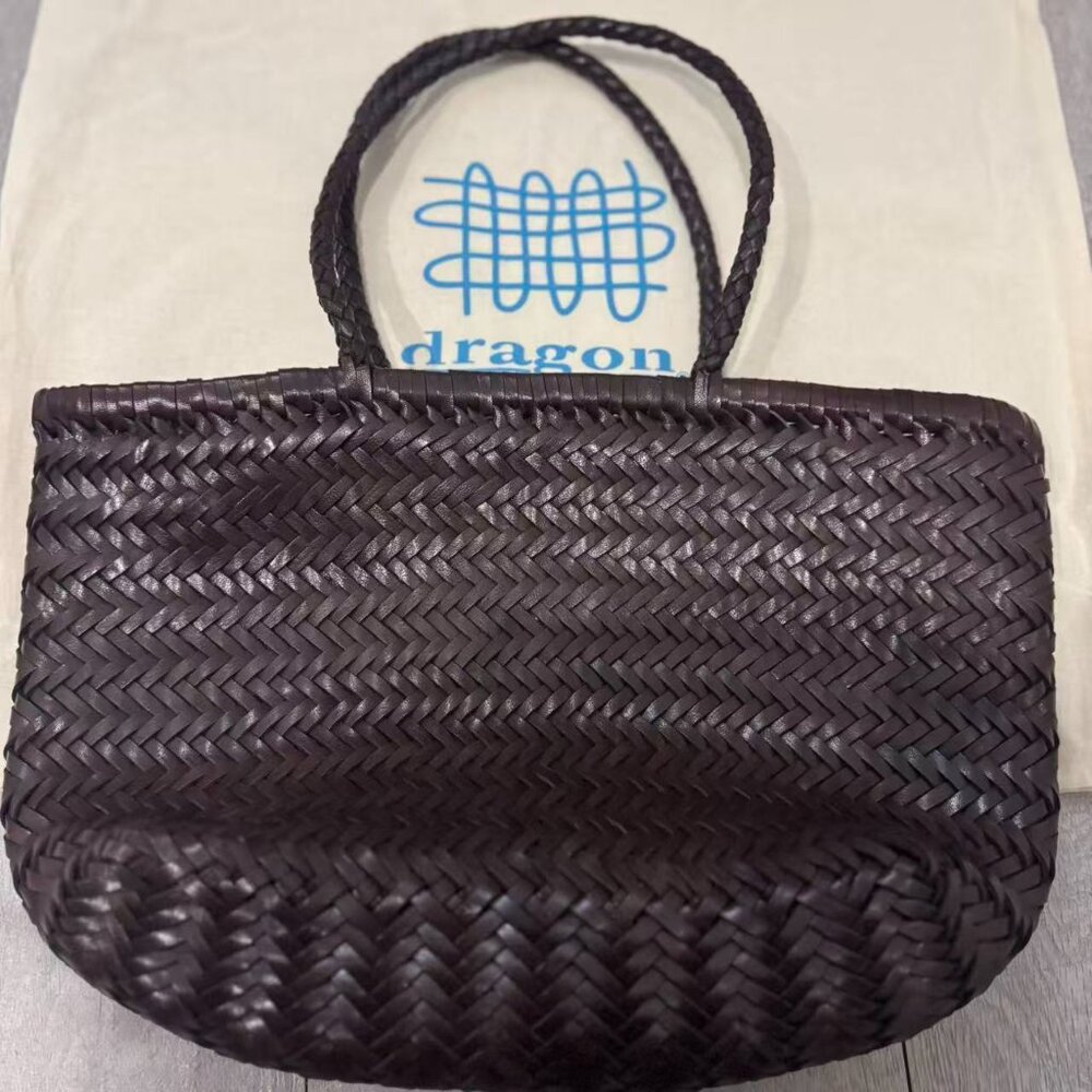 Dragon Diffusion Triple Jump Small Woven Leather Basket Bag Dark Brown